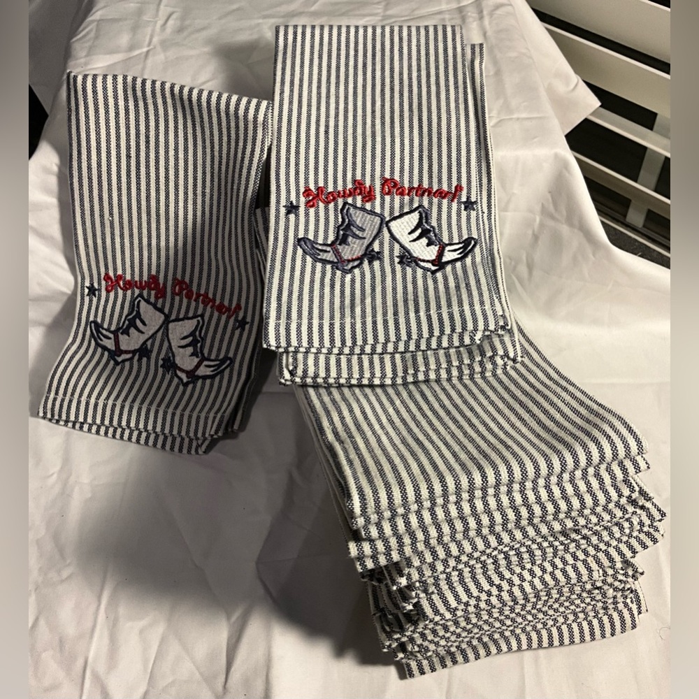18 Navy & White Striped Napkins/ Kitchen Towels/Party Embroidered "Howdy Partner - Picture 2 of 4